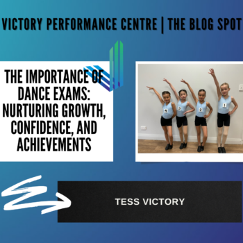 Victory Performance Centre Students preparing for exams in exam dance with right arm in the arm wearing blue leotard and blue shorts with black jazz shoes